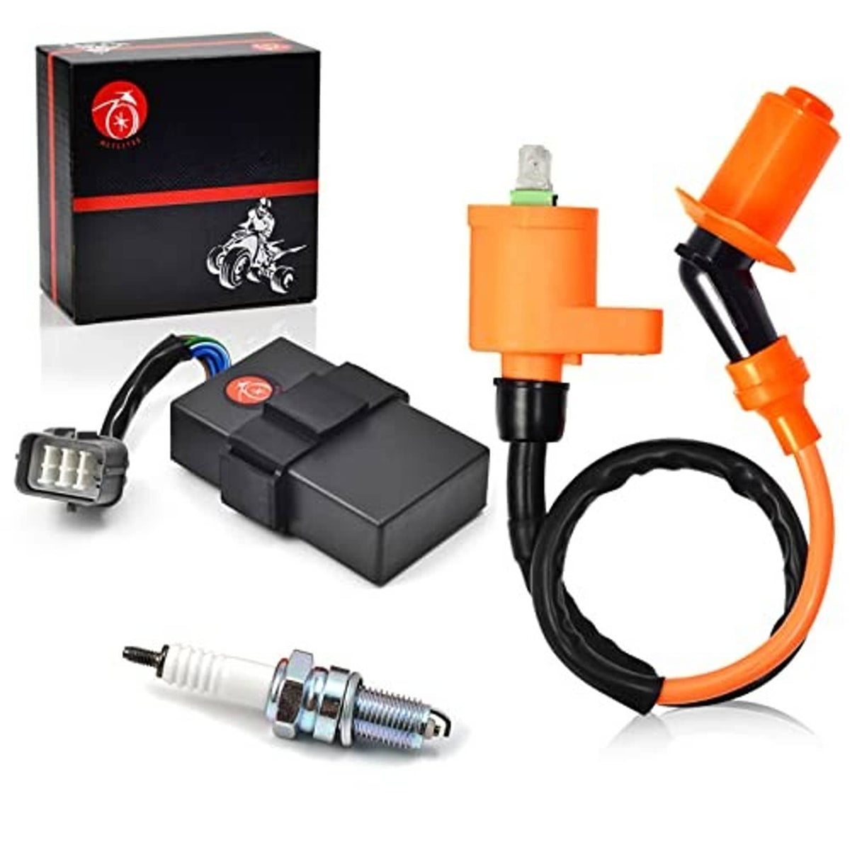 Ignition CDI kit: black box with wires, orange coil and spark plug