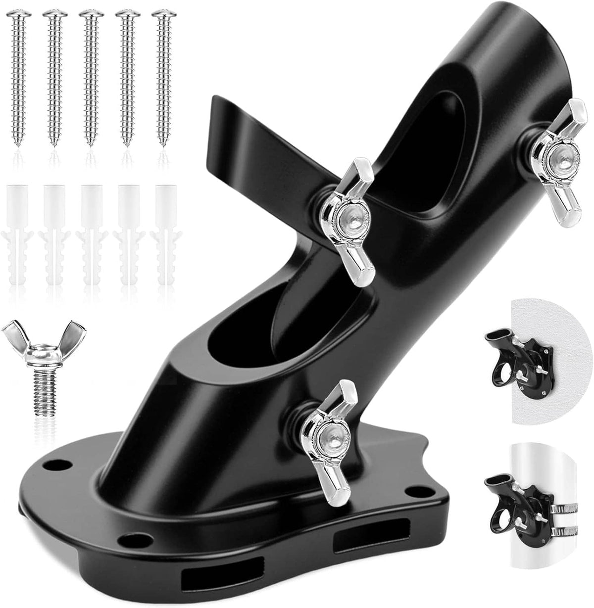 Black metal flagpole bracket holder base with two clamp hardware pieces
