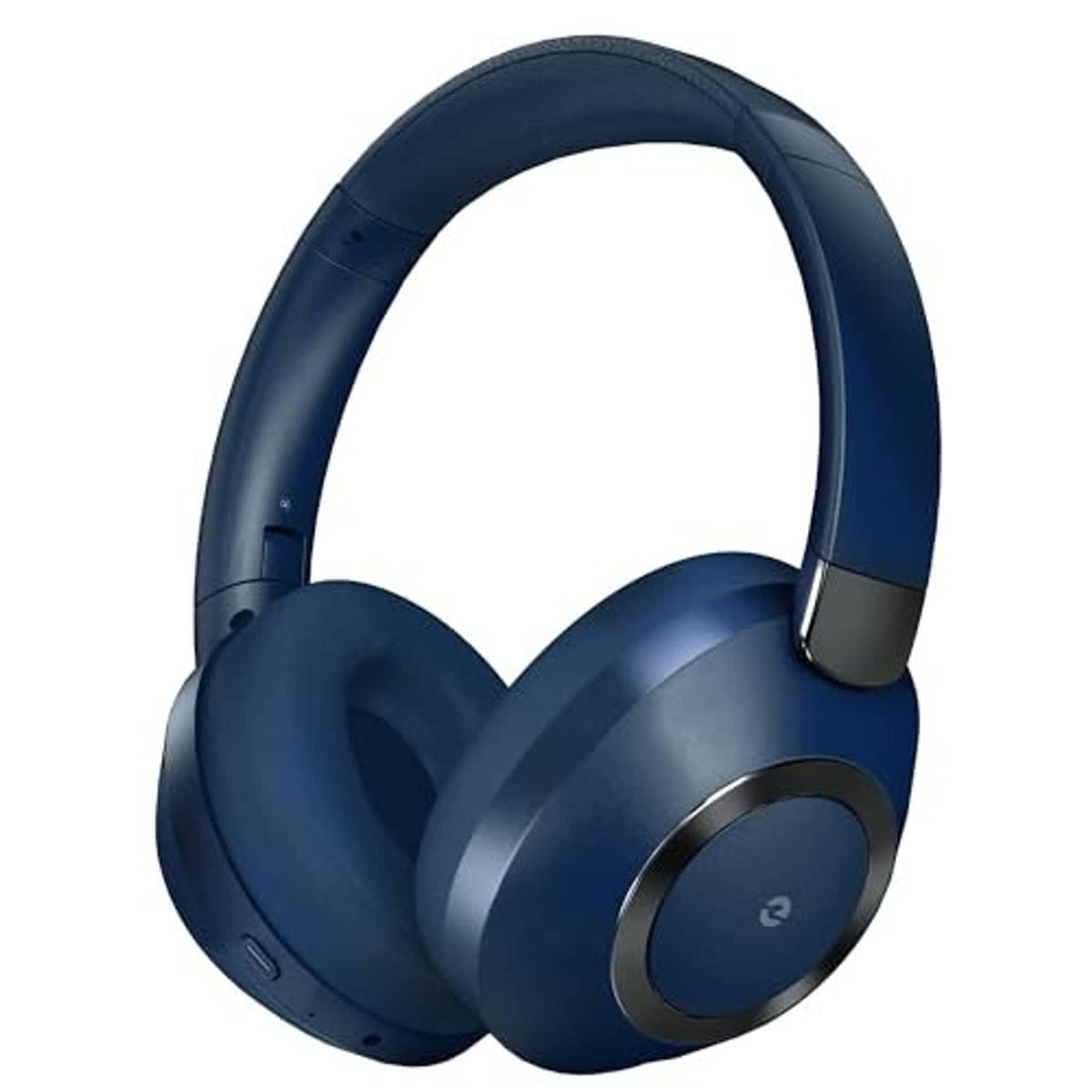 Blue over-ear headphones with headband and side control buttons visible