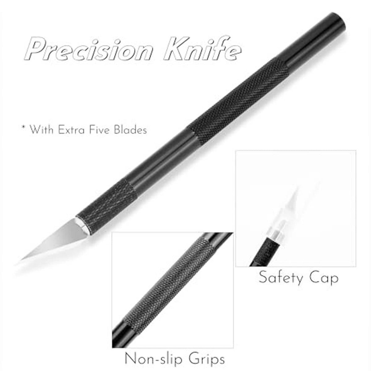 Precision utility knife with non-slip grip, safety cap, and extra replacement blades.