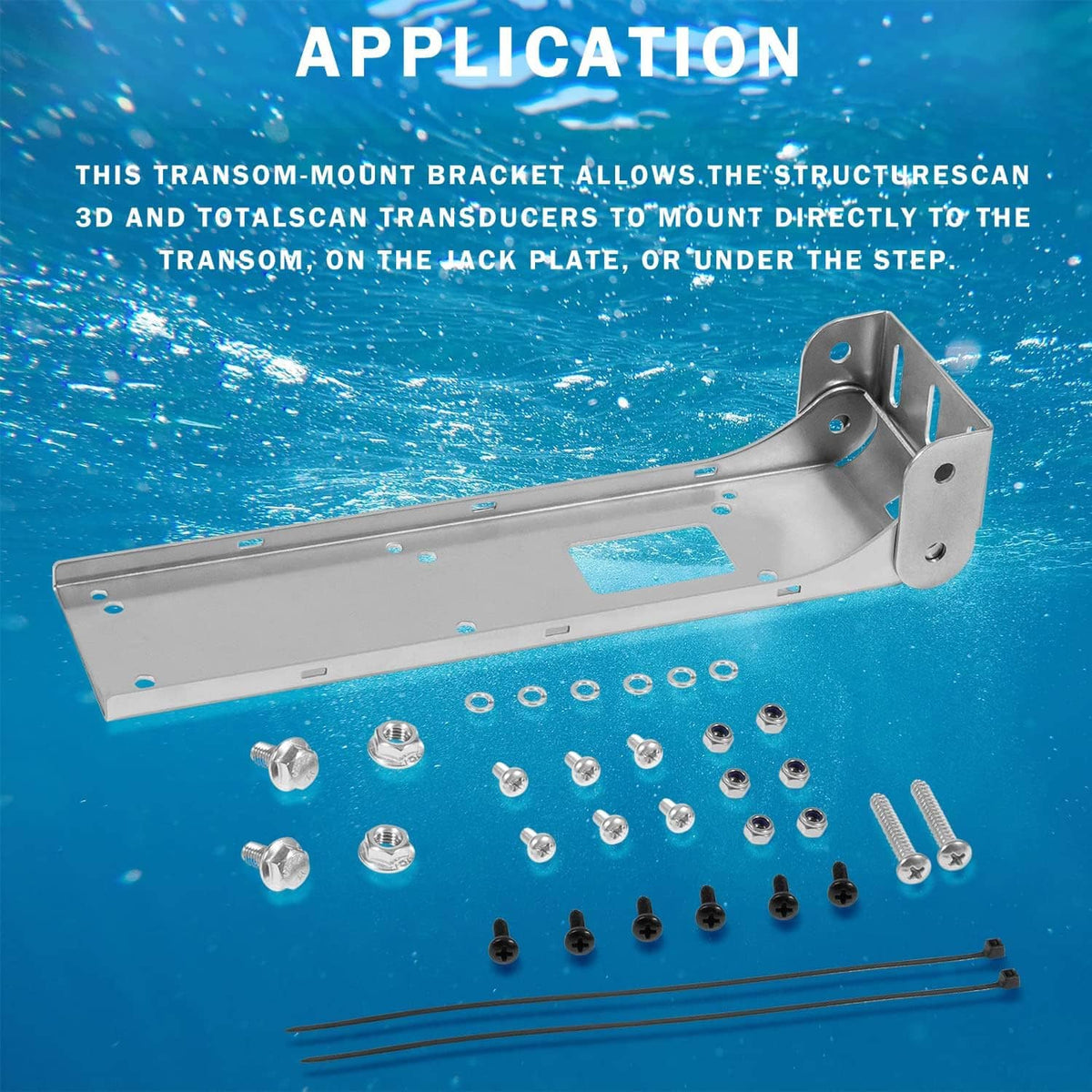 Silver transom mount bracket with side mounting tab and bundled hardware kit