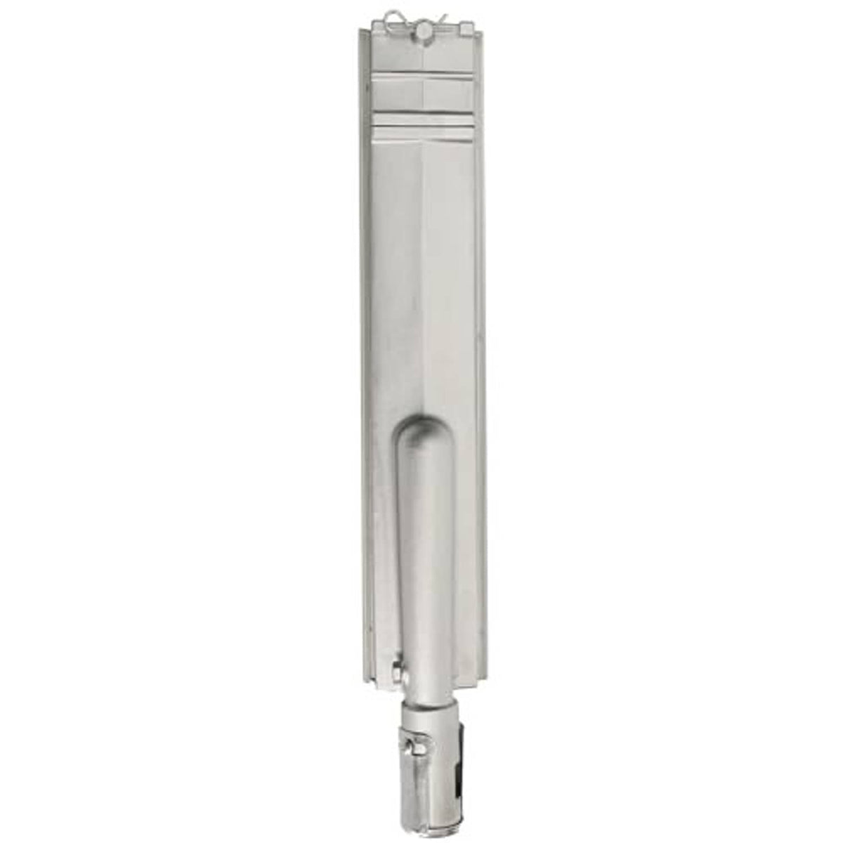 Stainless steel grill burner upright view with rounded cutout and valve end