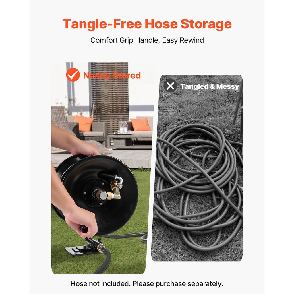 Black pressure washer hose reel showing stored hose on the reel drum