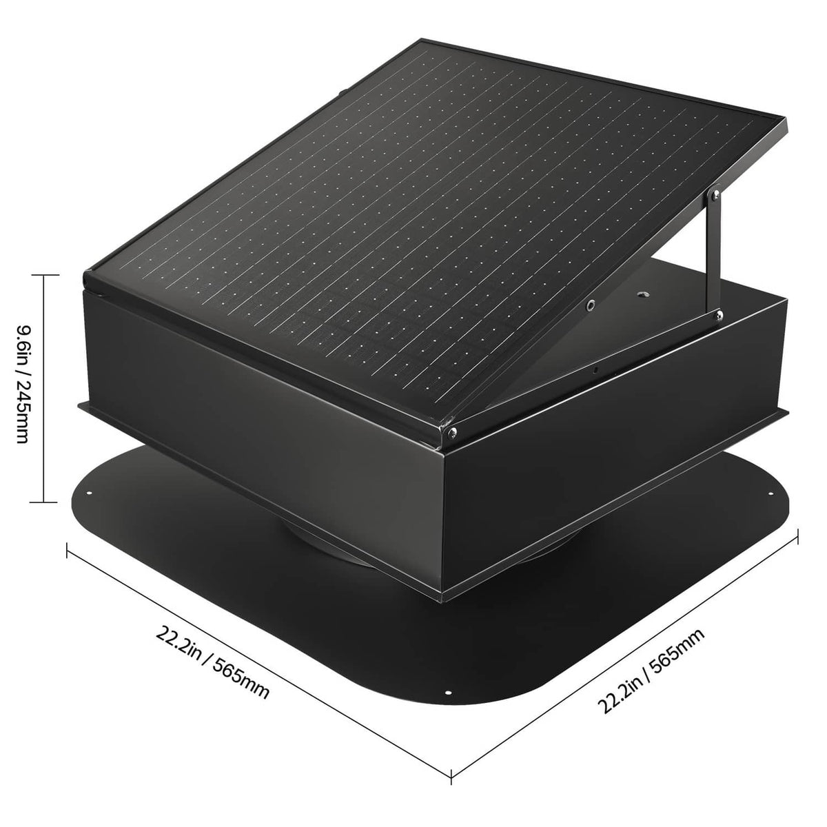 Solar attic exhaust fan close-up with height and base width measurements on diagram