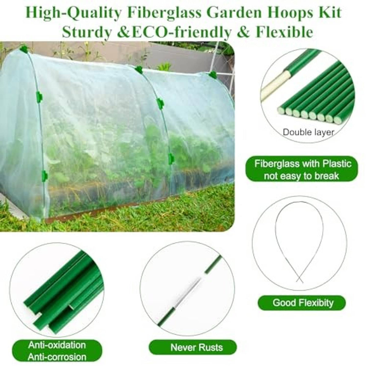 Green fiberglass garden hoops with a clear protective cover and flexible double-layer rods