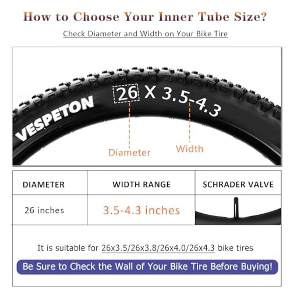 Size guide for 26x3.5-4.3 bike inner tube with Schrader valve diagram