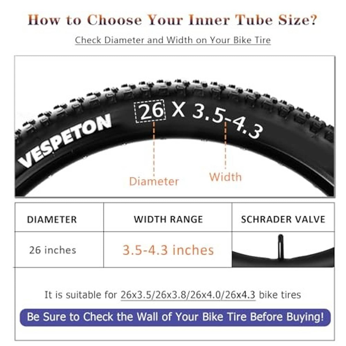 Size guide for 26x3.5-4.3 bike inner tube with Schrader valve diagram