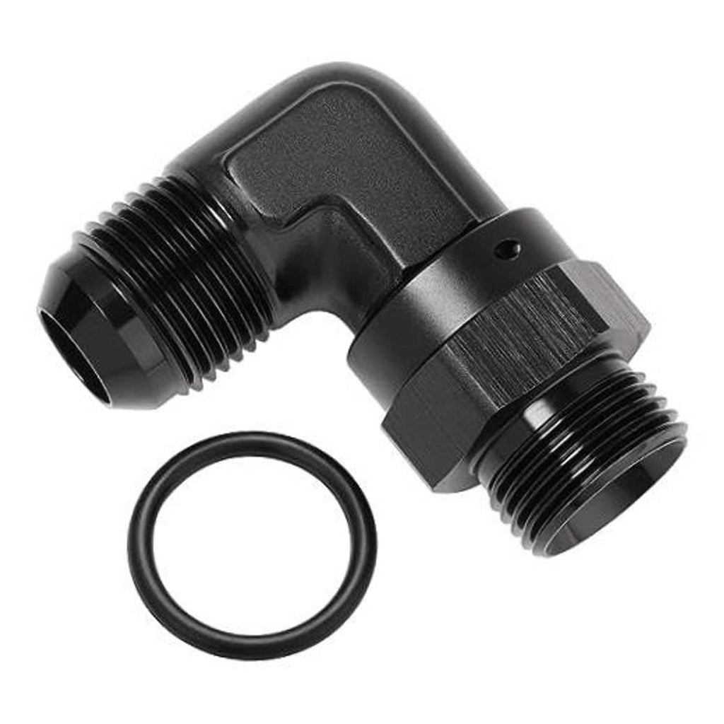 Black 90-degree AN flare-to-ORB elbow fitting with NBR O-ring and male threads