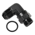 Black 90-degree AN flare-to-ORB elbow fitting with NBR O-ring and male threads