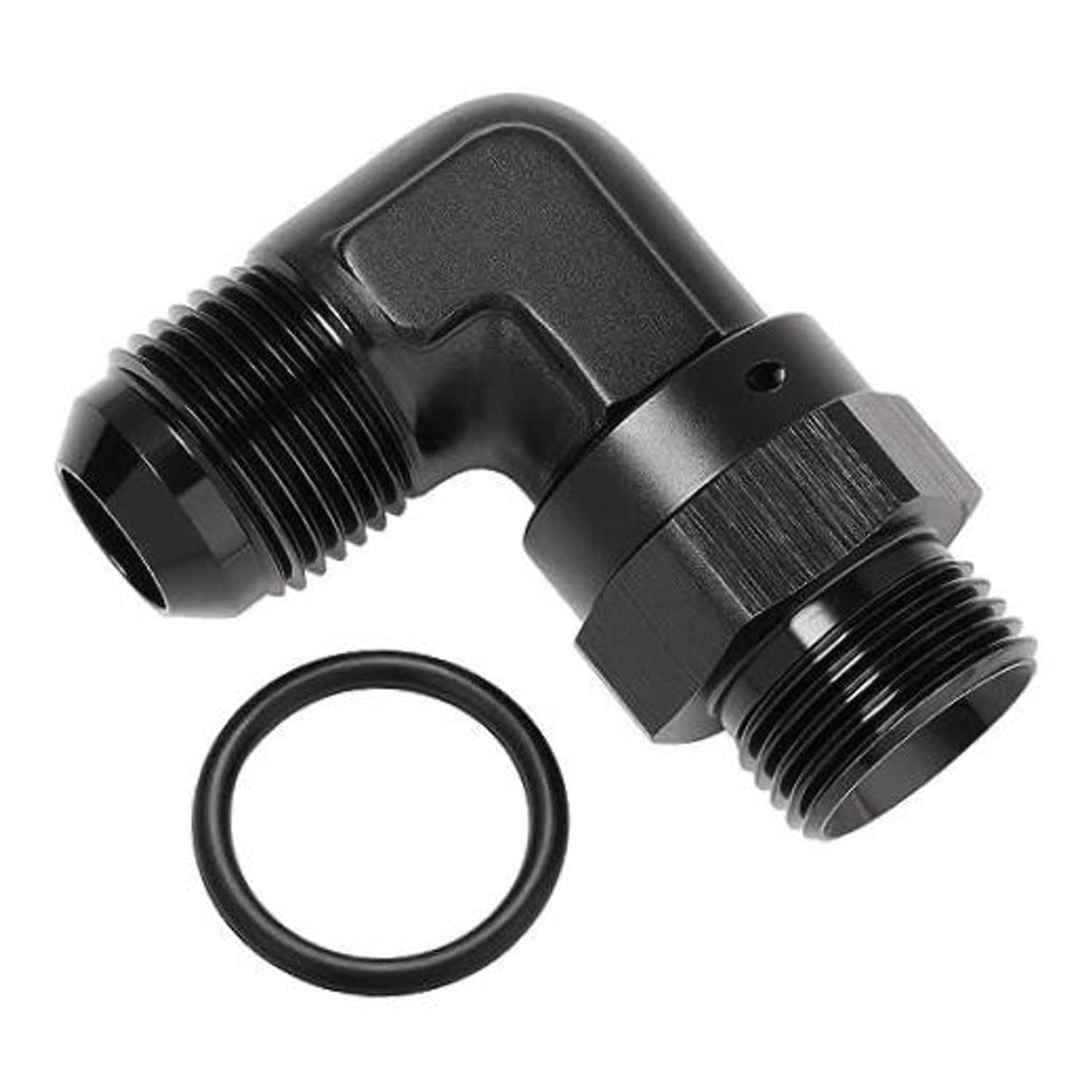 Black 90-degree AN flare-to-ORB elbow fitting with NBR O-ring and male threads