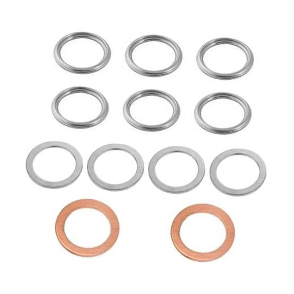 12-piece drain plug crush washer set: silver metal rings and copper sealing rings
