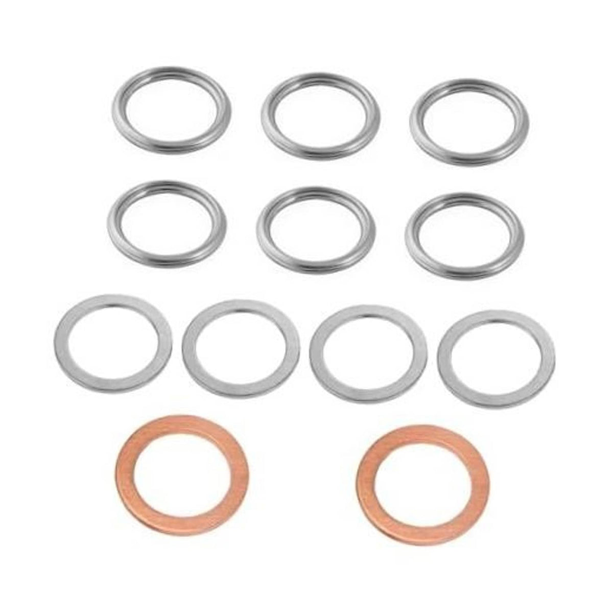 12-piece drain plug crush washer set: silver metal rings and copper sealing rings