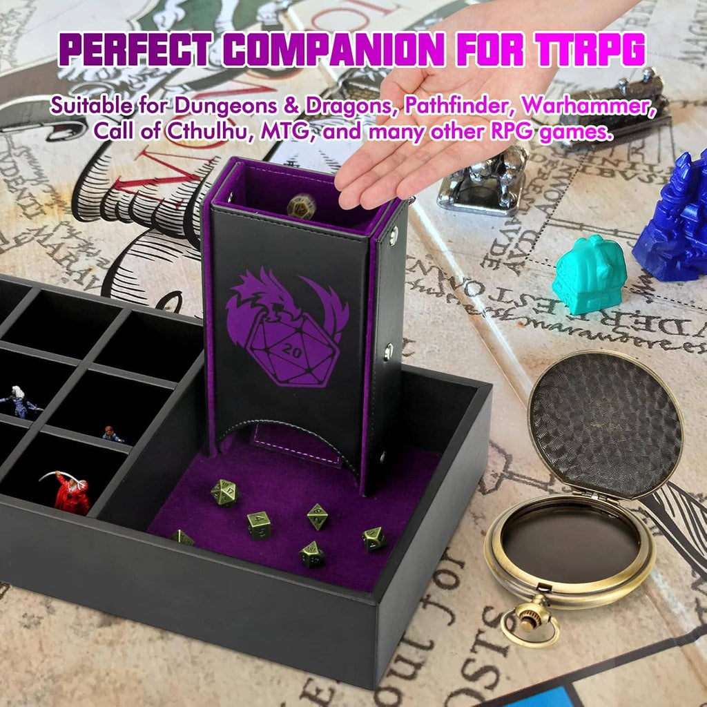 Open dice storage case with purple base, dice tower, and tabletop dice accessories