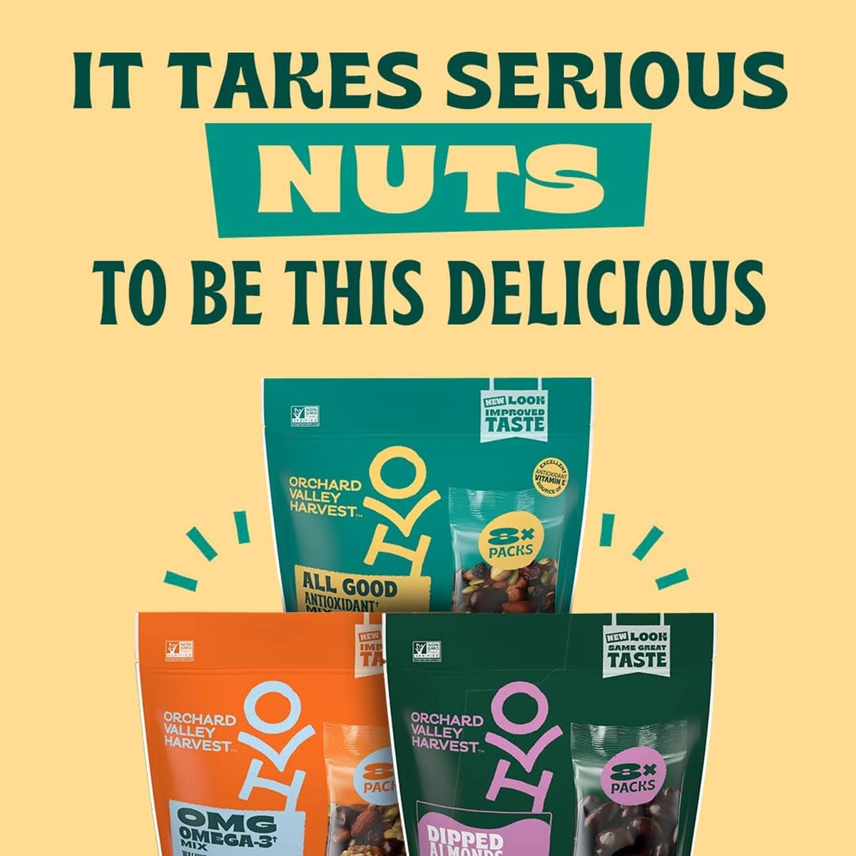 Assorted Orchard Valley Harvest snack pouches shown in red, green, and purple packaging