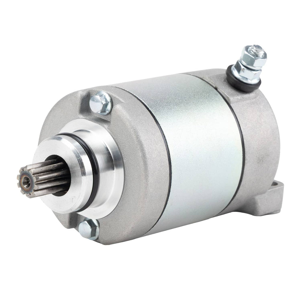 ATV starter motor assembly close view of body, drive shaft splines, and mounting bolts.