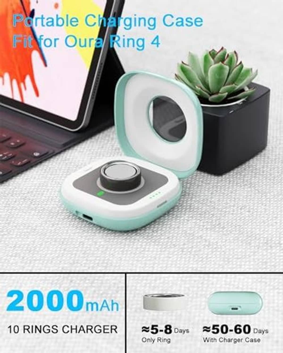 Mint teal portable charging case with compact base and open charging compartment