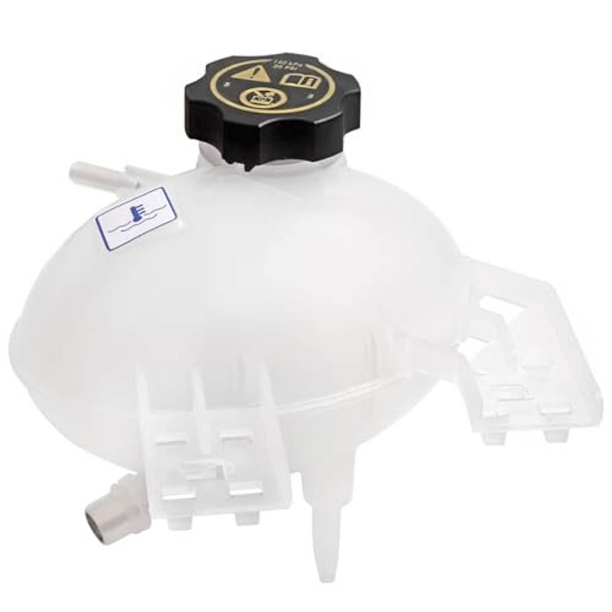 White plastic coolant reservoir expansion tank with dark cap and side mounting tabs