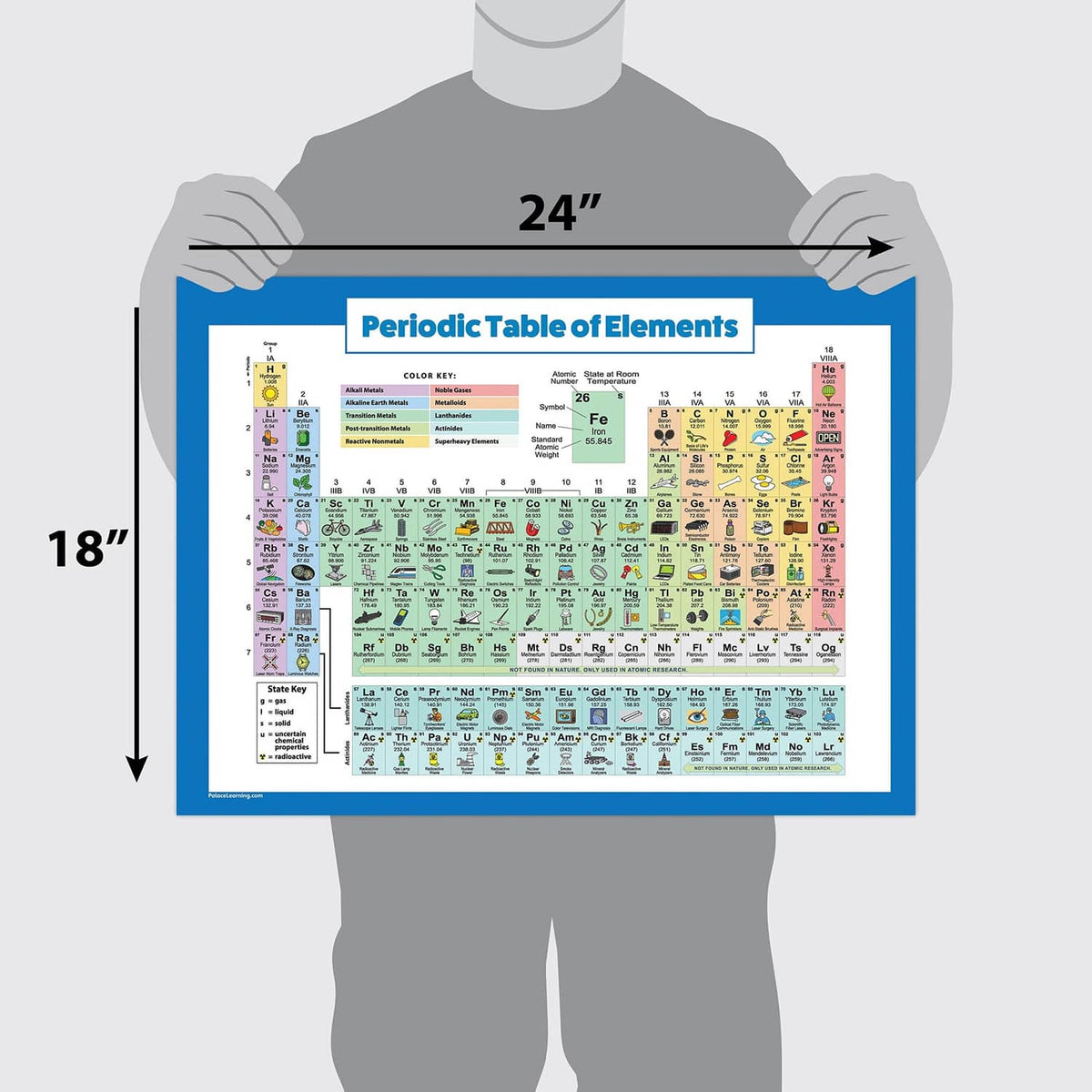 Laminated periodic table of elements poster with 24in x 18in size arrows