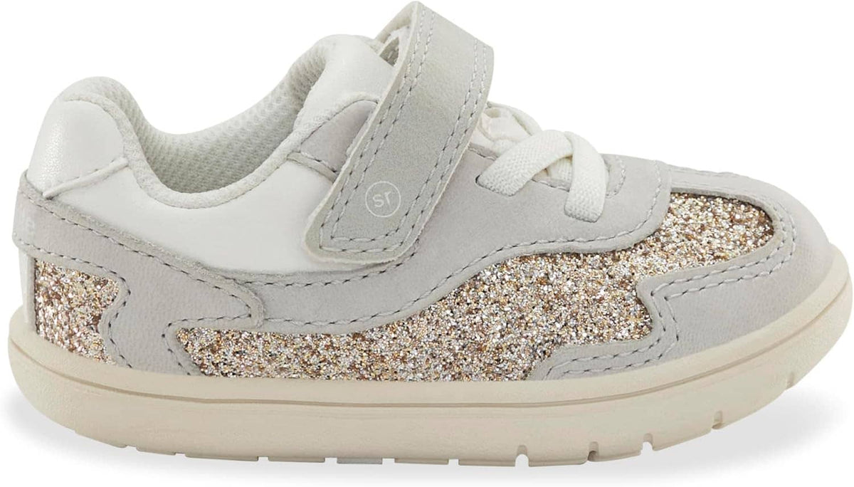 Kids light gray low-top sneaker with double straps and glittery side panels