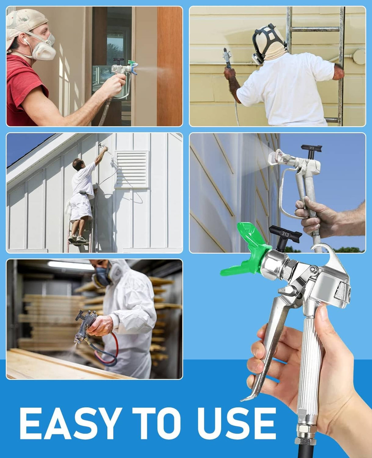 Handheld airless spray gun with reversible 313 nozzle tip, black and silver