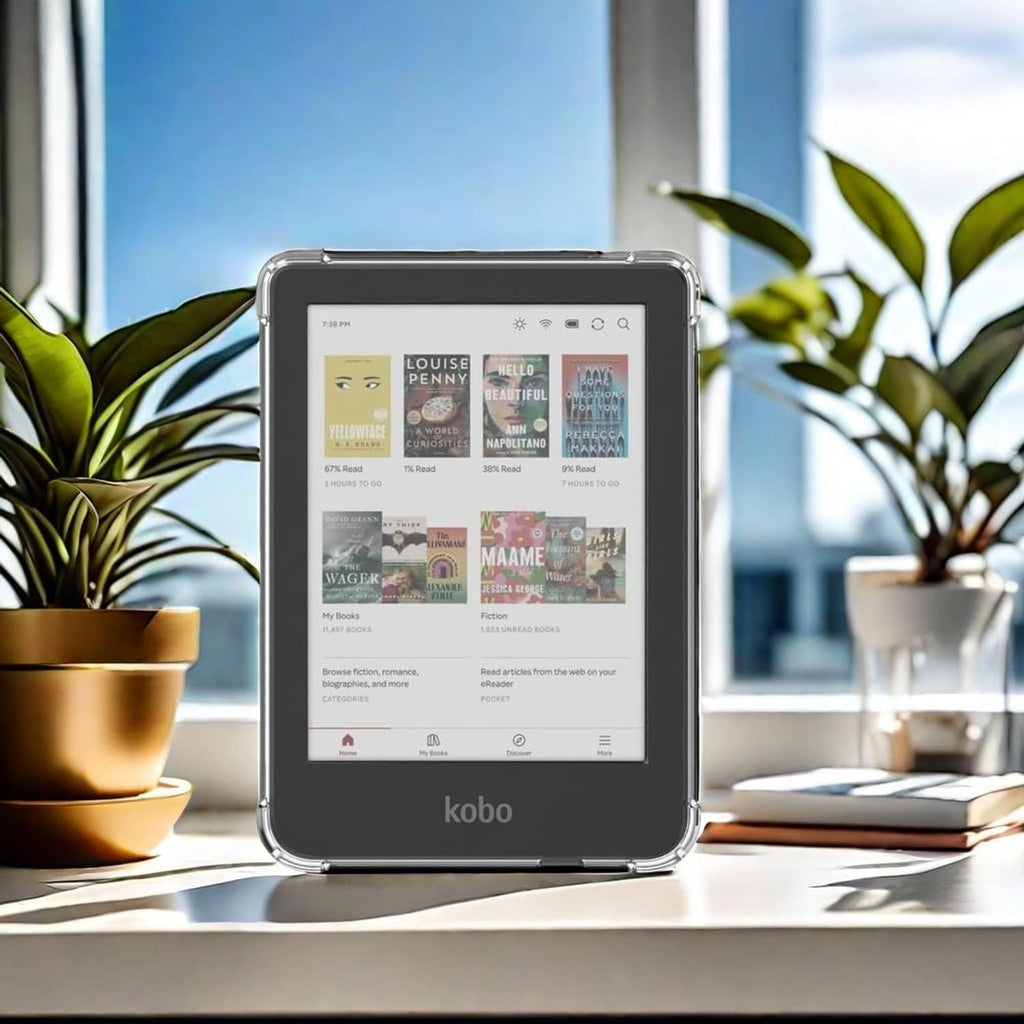 Transparent TPU Kobo e-reader case standing upright on a desk