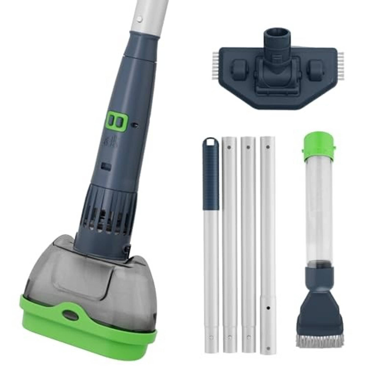 Pool vacuum kit with grey-green base, white pole segments, and brush head