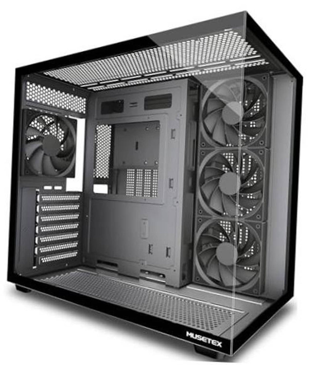 Black ATX PC case with mesh panels and four non-LED preinstalled cooling fans