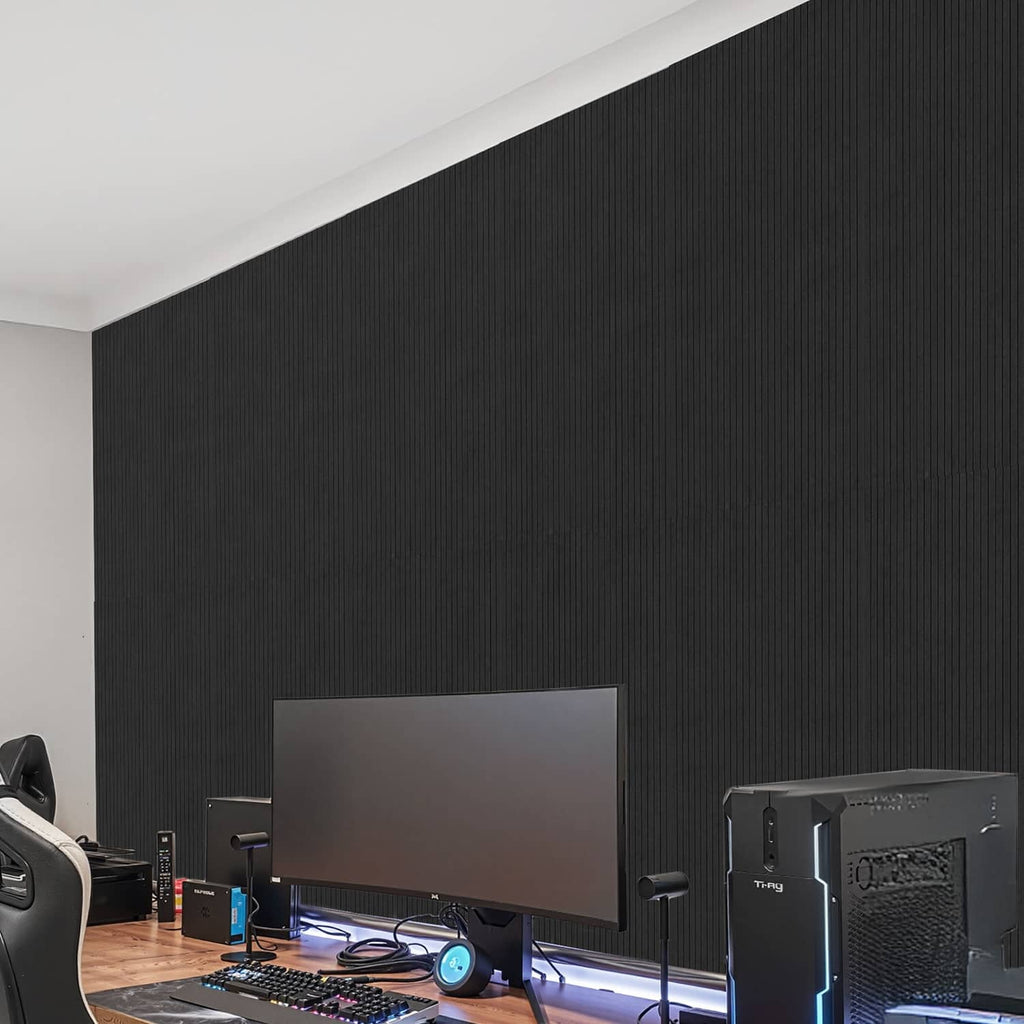 Acoustic wall panels installed on wall with dark textured vertical ridges