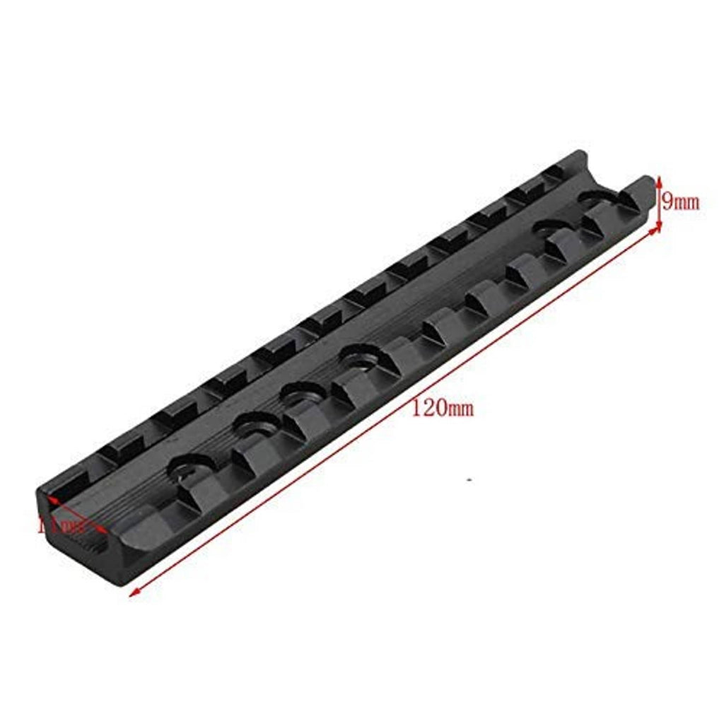 Low-profile 11-slot scope mount rail, black, shown with size dimensions