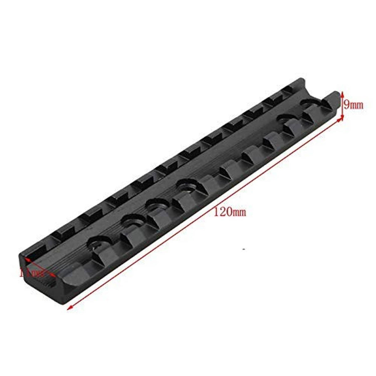 Low-profile 11-slot scope mount rail, black, shown with size dimensions