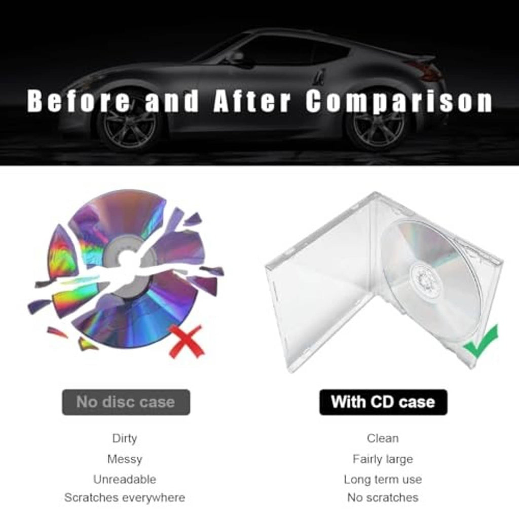 Clear CD jewel case holding a single disc, with tray and transparent cover