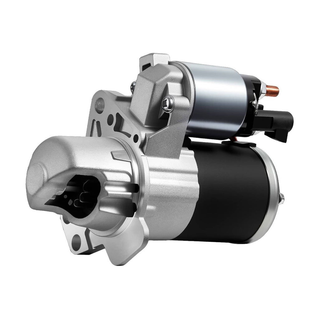 Starter motor assembly with silver casing and black motor housing, angled side view.