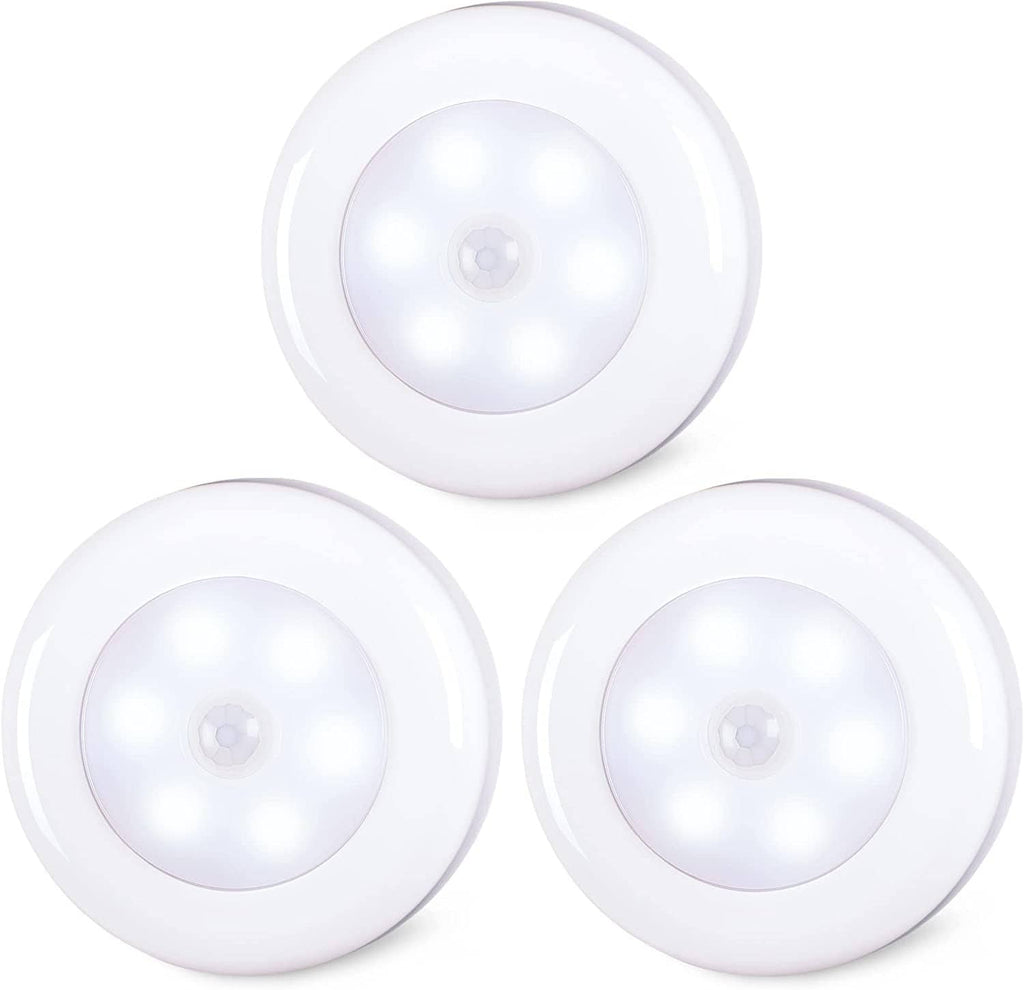 Three white LED motion sensor puck lights with circular lenses, stick-on AAA battery