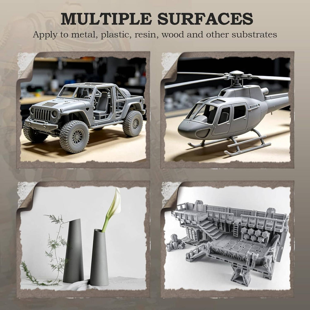 Grey matte airbrush primer paint shown for multiple surfaces using vehicles and objects