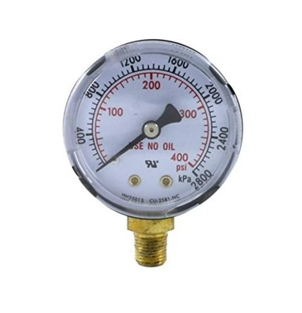 Single round pressure gauge with brass threaded fitting, dial with black oil warning