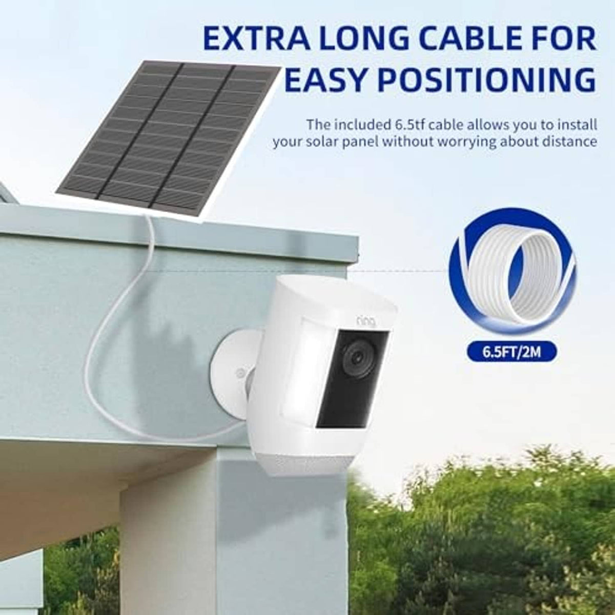 Outdoor solar panel with long white cable and wall bracket mount for camera placement