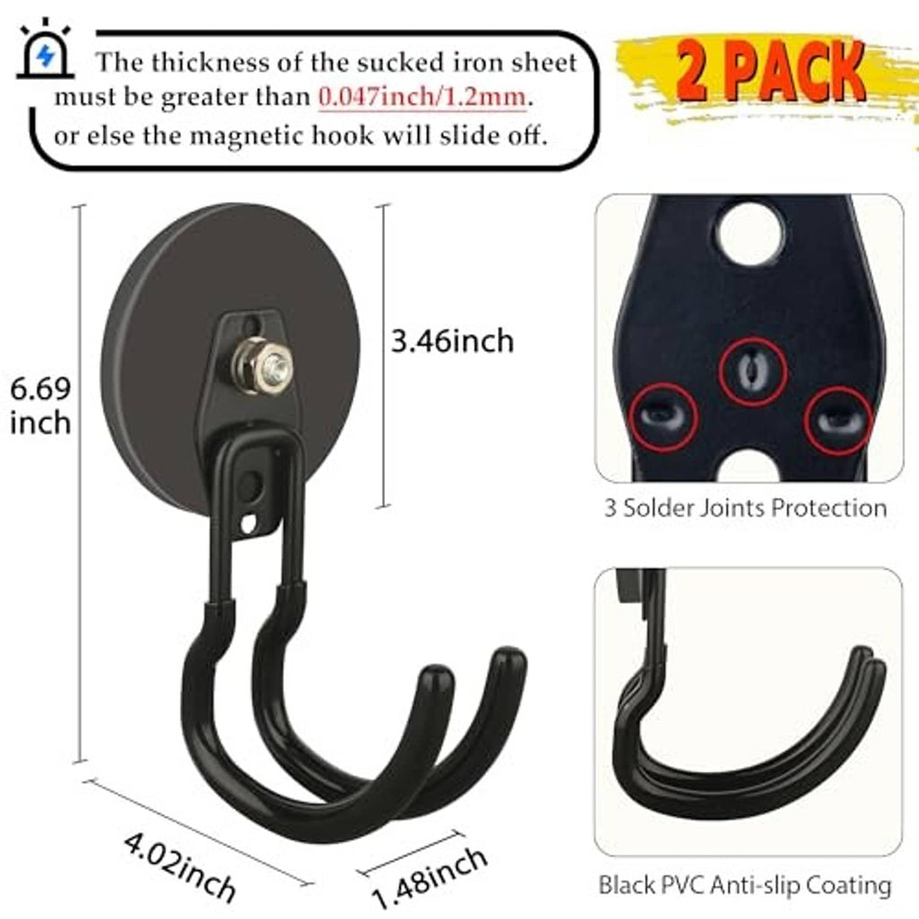 Black magnetic hook with rounded base, metal screw, and three curved prongs