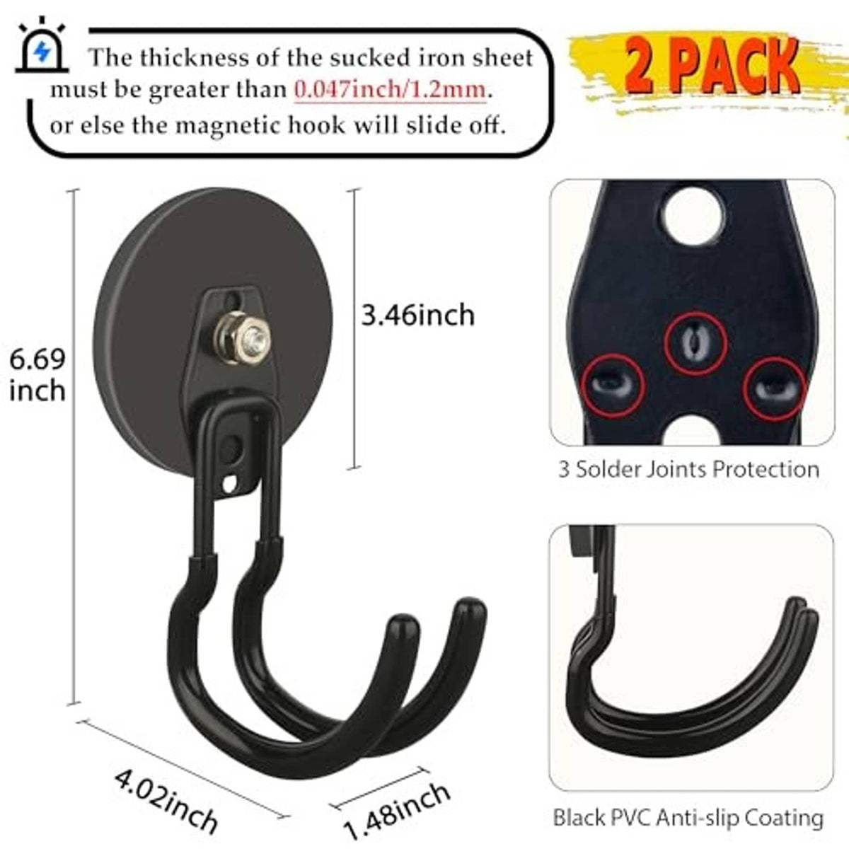 Black magnetic hook with rounded base, metal screw, and three curved prongs