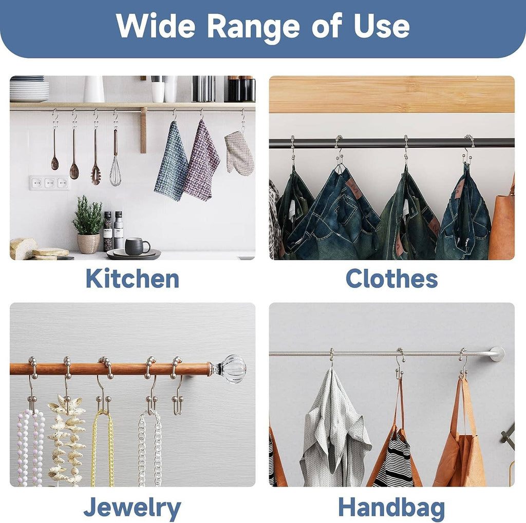 Multiple shower curtain hook rings for use in kitchen, clothes, jewelry, and handbags