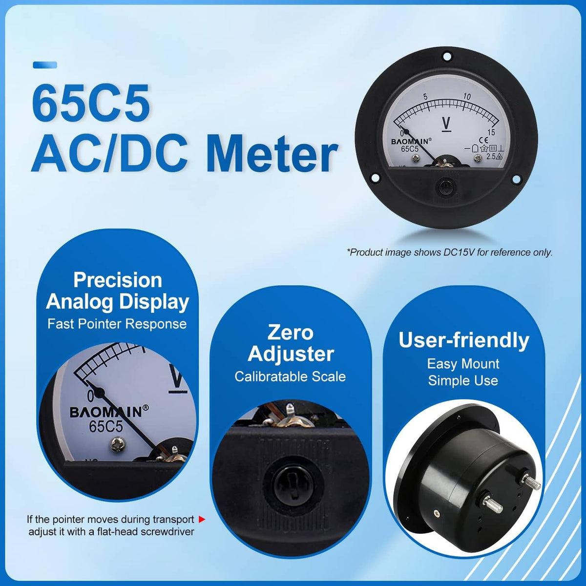 Black 65C5 analog voltmeter panel meter with V gauge and mounting body