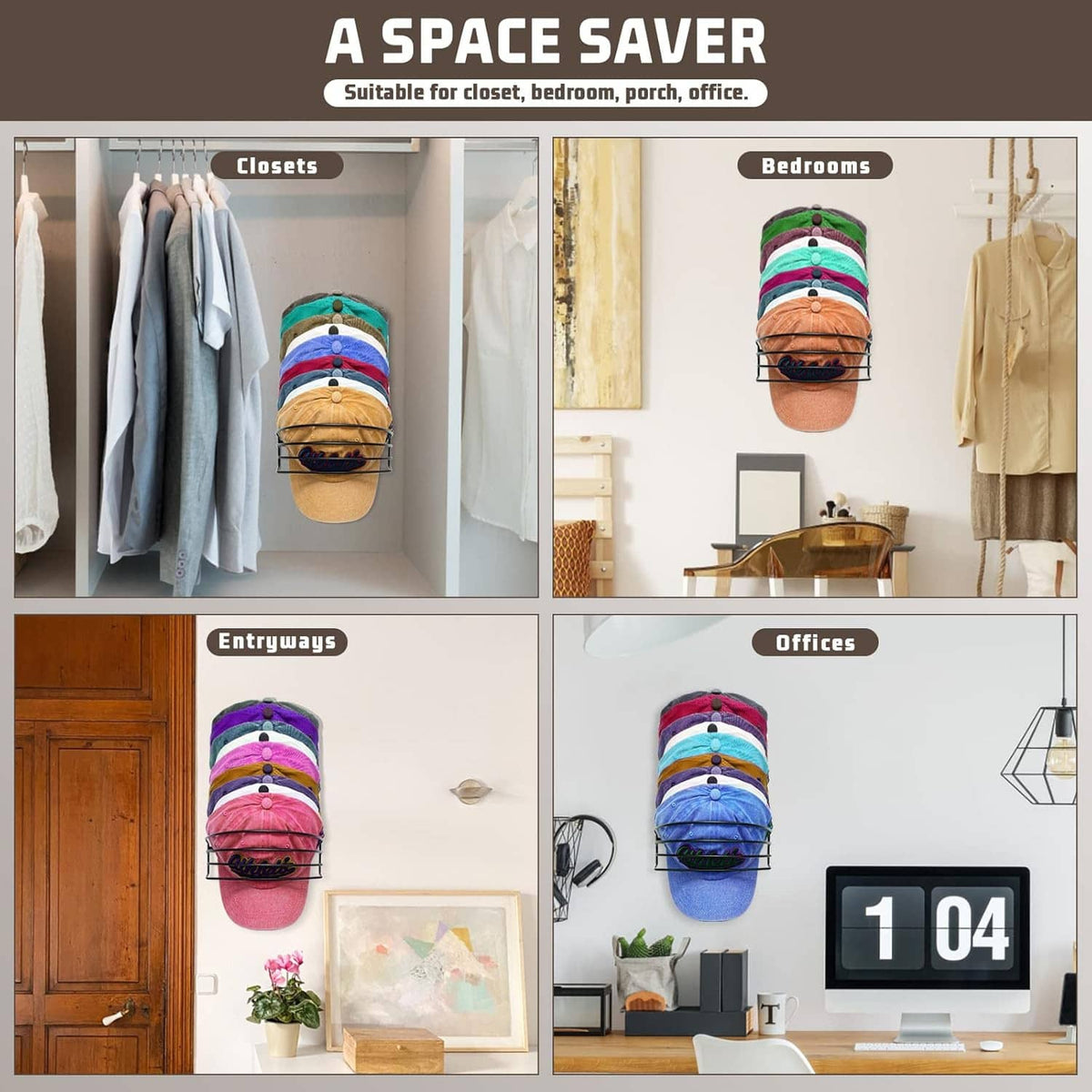 2-pack baseball cap hat rack with black metal holders, shown on a wall