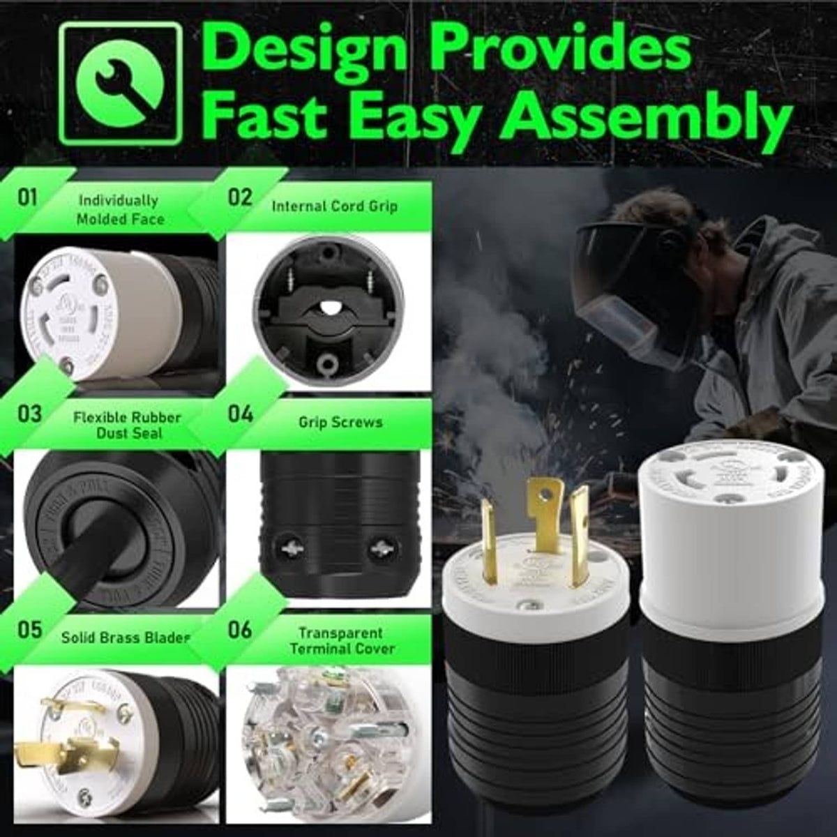 Black ribbed NEMA connector set with white faces and gold terminal contacts