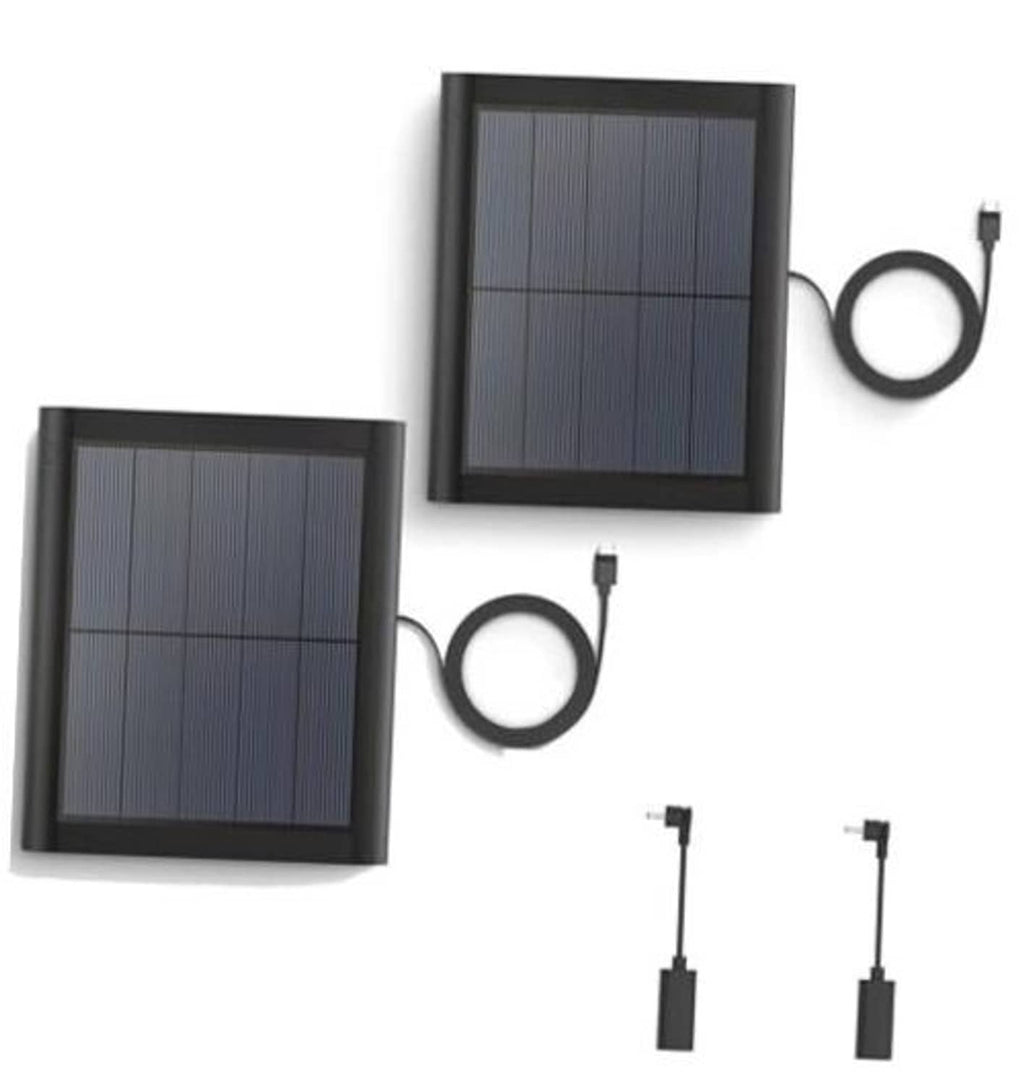 Solar panel charger kit with two black rectangular panels and ring-style cables