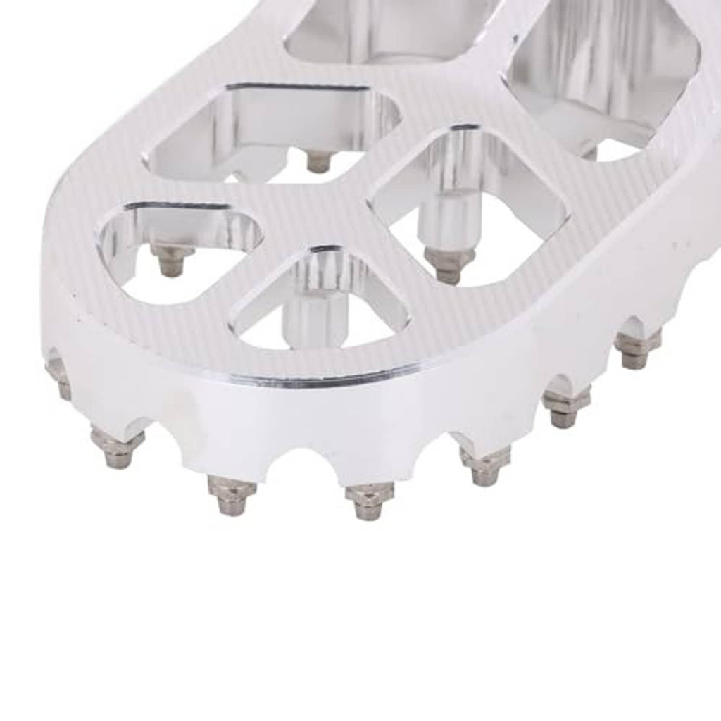 Silver dirt bike foot peg with textured tread and mounting studs
