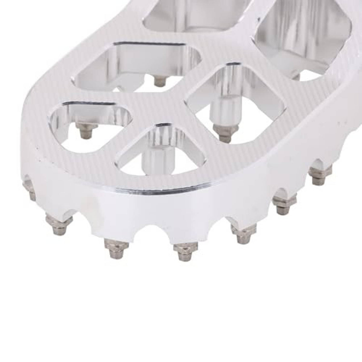 Silver dirt bike foot peg with textured tread and mounting studs