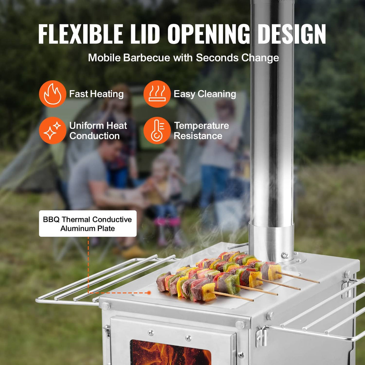 Portable wood stove with grill grate, skewers, and chimney pipe