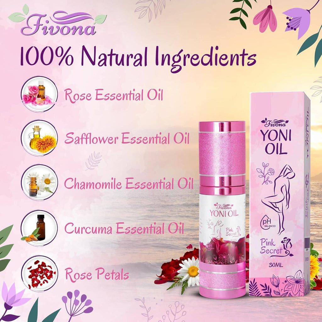 Pink feminine care oil bottle and box with ingredient visuals: rose, safflower, chamomile, curcuma