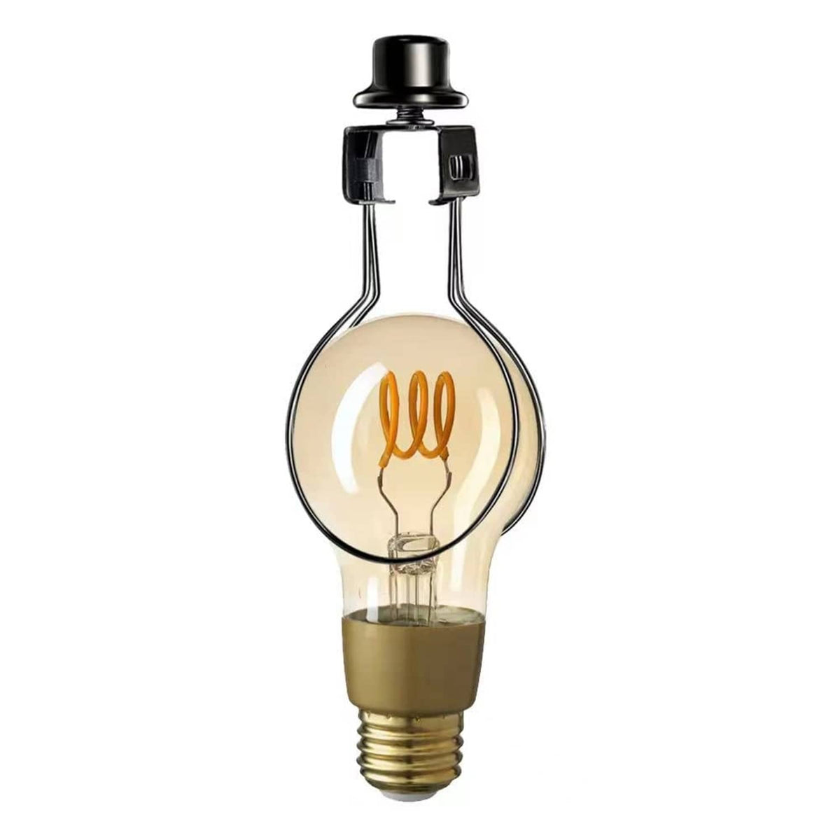 Black lamp bulb clip with clear bulb and visible filament, single clip