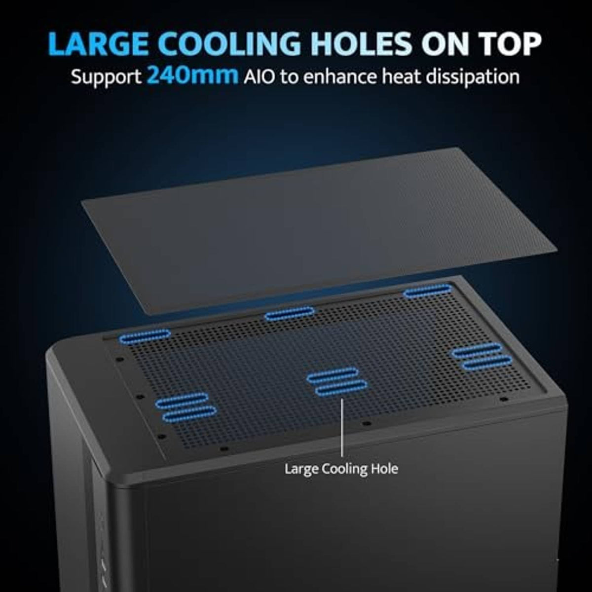 Black PC case top panel with large cooling holes and vented perforation area