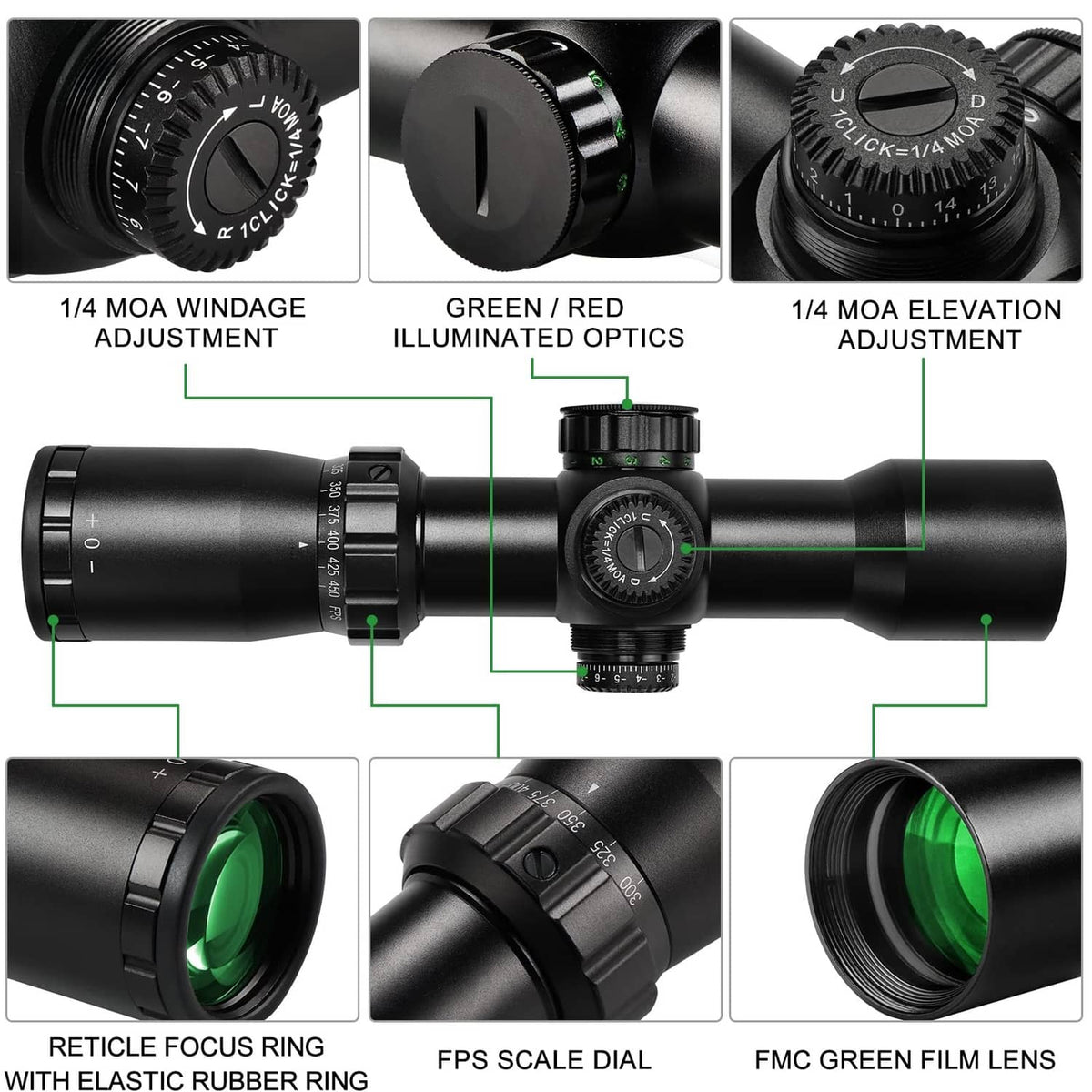 Scope close-up showing MOA windage and elevation knobs and green illuminated optics